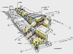 an architectural drawing of a building with several sections labeled in different languages and shapes, including the roof section