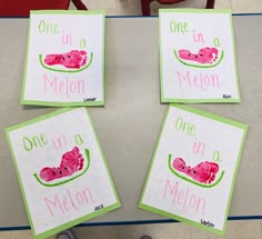 four watermelon cards with one in a melon on them