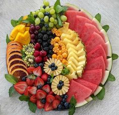 a platter filled with lots of different fruits