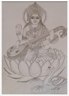 a pencil drawing of a woman playing the sita on a lotus flower with a guitar in her hand