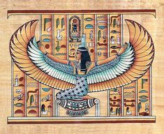 an egyptian painting with gold and blue colors on the back ground is a bird in flight, surrounded by egyptian symbols