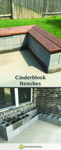 an outdoor bench made out of cinder blocks is shown with the words cinder block benches below it