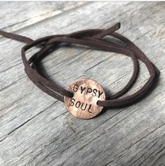 Thirty Nine One Twenty™ presents the "GYPSY SOUL" wrap bracelet. Hand stamped on a penny with a hammered finish. Wear it as a reminder to live free and wild.  Designed and made in the mountains of Truckee, CA.  www.thirtynineonetwenty.com   #gypsysoul #stamped #soul #gypsy #wrapbracelet Metal Stamped Bracelet, Penny Bracelet, Thirty Nine, Silver Cuff Ring, Quartz Hoop Earrings, Wire Wrap Jewelry Designs, Stamped Earrings, Metal Stamped Jewelry, Hand Stamped Necklace