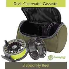 the fly reel is in its case and it's attached to a fishing line