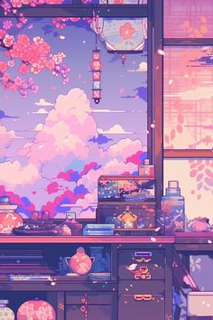 a room filled with lots of clutter and furniture next to a window covered in clouds