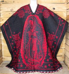 VIRGEN DE GUADALUPE ACRILIC POLYESTER 2 SIDED MEXICAN REBOZO PONCHO -38 inches each side -76 total length -RED & BLACK Poncho Outfit Women, Mexican Poncho Outfit, Guadalupe Scarf, Mexican Rebozo, Poncho Outfit, Leather Cowboy Boots, Outfit Women, Outdoor Wear, Virgin Mary