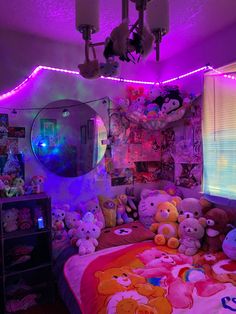 a room filled with lots of stuffed animals on top of a bed next to a window