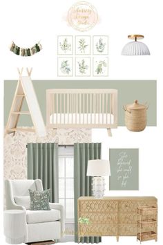 a baby's nursery room with green and white decor, including a crib