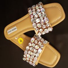 Steve Madden Nwt, Never Worn, Tan Slide Sandals Covered With Iridescent Beads. Beads Are Set In Mesh Across Top, Fabric Lining Inside. All Man Made Materials. Lightly Padded Footbed. .25" Heel. Flat Synthetic Sandals With Beaded Details, Shoes Steve Madden, Beaded Sandals, Shoes Flats Sandals, Top Fabric, Steve Madden Shoes, Flat Sandals, Slide Sandals, Women's Shoes Sandals