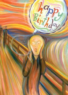 a painting of a person holding a balloon with the words happy birthday written above it