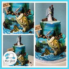 a wedding cake is decorated with fish and fishermans