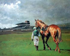 a painting of a man leading a horse across a field with a building in the background