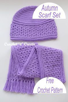 two crocheted hats and scarfs with text that reads, autumn scarf set free crochet pattern