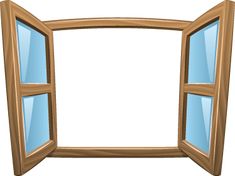 an open wooden window with blue glass on the top and bottom half, isolated against a white background