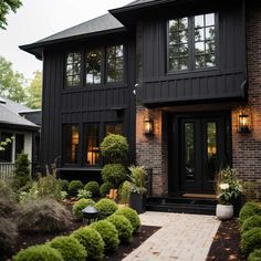 a black house with lots of windows and plants