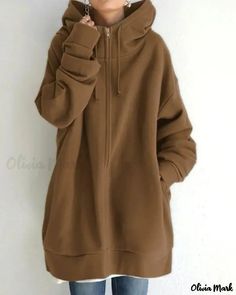 Color: coffee, Size: XL Plain Fleece Sweatshirt For Winter, Long Sleeve Sweatshirt With Fleece Lining, Solid Color Hoodie For Outdoor Fall Wear, Hooded Fleece Sweatshirt For Fall, Fleece Hooded Sweatshirt For Fall, Winter Solid Color Sweatshirt With Pockets, Casual Brown Long Sleeve Hoodie, Winter Solid Sweatshirt With Pockets, Solid Outdoor Sweatshirt For Fall