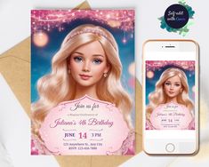 an image of a birthday party with barbie doll on the front and pink princess tiara on the back