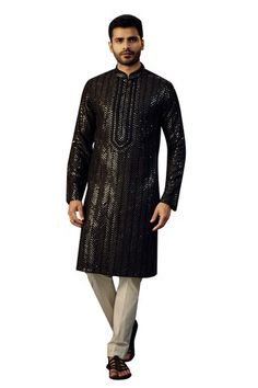 Black chanderi kurta with sequins hand embroidery. - Aza Fashions Kurta Men, Black Sequins, Mandarin Collar, Aza Fashion, Hand Embroidered, Hand Embroidery, Embroidery, Collar, Black