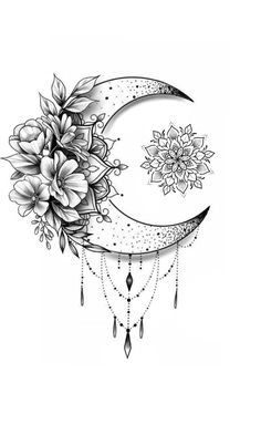 a drawing of the moon with flowers on it's side and a crescent in the middle