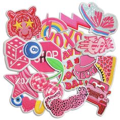 various patches and stickers are shown in this image, with the word love on them