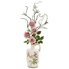 a white vase with pink roses in it