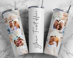 two personalized tumbles with photos on them and the words save the date written in cursive writing