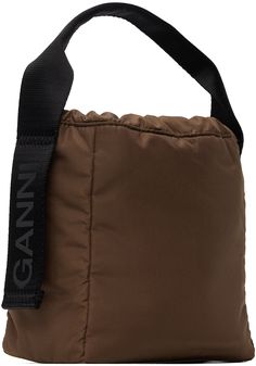 Recycled polyester taffeta top handle bag in brown. · Logo bonded at rolled webbing carry handle · Drawstring closure · Fully lined · H7 x W7.5 x D3.5 Supplier color: Chocolate fondant Brown Nylon Bag With Removable Pouch, Brown Nylon Bag With Adjustable Strap, Ganni Knot Bag Outfit, On-the-go Nylon Top Handle Bag, Brown Nylon Shoulder Bag With Detachable Strap, On-the-go Brown Nylon Bag, Ganni Scrunchie, Ganni Bou Bag, Tech Bag