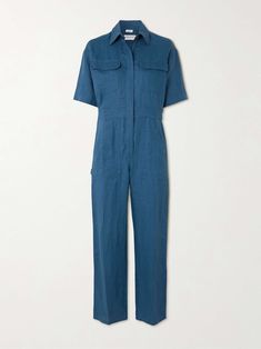 Shop RIVET UTILITY Dynamo linen jumpsuit, Explore the latest RIVET UTILITY women's collection today on NET A PORTER Linen Jumpsuits And Rompers With Pockets For Work, Fitted Linen Jumpsuits And Rompers With Pockets, Utilitarian Design, Utility Jumpsuit, Pocket Jumpsuit, Floral Dresses Short, Short Sleeve Jumpsuits, Linen Jumpsuit, Strapless Jumpsuit