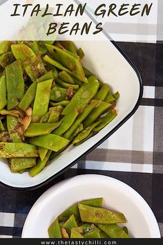 green beans in a white bowl on a checkered tablecloth with text overlay