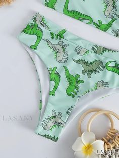 Lasaky - Premium Cartoon Dinosaur Print Bikini Sets, featuring Bow Tie Shoulder Straps and a High-Waist High Cut Design - a Fashionable 2-Piece Swimsuit for Women, Perfect for Swimwear & Clothing Cartoon Dinosaur, Plus Swimwear, 2 Piece Swimsuits, Cute Swimsuits, Swimwear Outfit, Dinosaur Print, Cut Design, Hot Springs, Dinosaurs