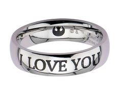 a stainless steel ring with the words i love you written in black and white lettering