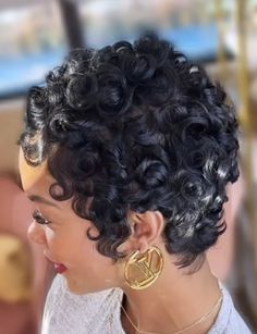 Perm Rods Short Natural Hair, Honey Brown Pixie Haircut, Short Pin Curls For Black Women, Colored Pixie Cut Black Women, Pixie Pin Curls, Tight Curls Short Hair, Pin Curls For Short Hair, Pixie Hairstyles For Black Women