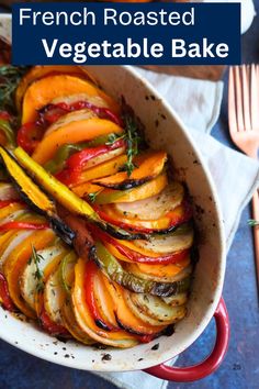 This French Roasted Vegetable Bake combines butternut squash, bell peppers, potatoes, and onions for a flavorful side dish. It’s easy to prep ahead, making it perfect for busy nights or hosting guests. Sliced Vegetables, Vegetable Bake, Potatoes And Onions, Vegetable Prints, Roasted Vegetable, French Roast, Baked Vegetables, Hosting Guests, French Cooking