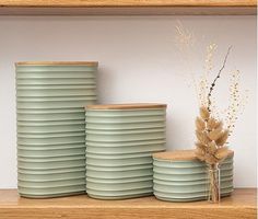 several stacks of green plates sitting on top of a wooden shelf next to a plant