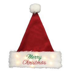 a red and white santa hat with merry christmas lights on it's brim