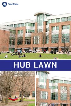 the front and back side of a building with people sitting on grass in front of it