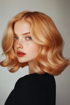 A short bob hairstyle in strawberry blonde is fresh and vibrant! This chic cut frames the face beautifully while showcasing the warm, golden-red tones. Strawberry Blonde Blue Eyes, Hair Blonde Ideas, Strawberry Blonde Hair Short Hairstyles, Strawberry Blonde Bob Hair, Short Hair Strawberry Blonde, Strawberry Blonde Face Claim, Strawberry Blonde Girl, Shoulder Length Strawberry Blonde Hair, Bob Hairstyles Strawberry Blonde