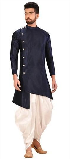 Blue color Dhoti Kurta in Art Silk fabric with Thread work Navy Blue Art, Eid Special, Silk Bottoms, Color Art, Thread Work, Mens Navy, Top Fabric, Silk Fabric, Blue Fashion