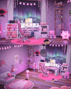 two pictures of the inside of a dollhouse with furniture and decorations on display in it