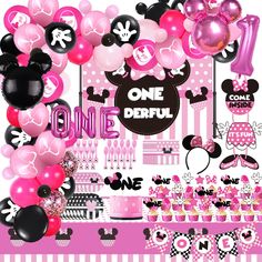 a pink and black birthday party with minnie mouse balloons, mickey mouse cupcakes and other decorations