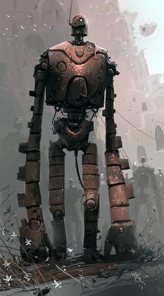 a robot standing on top of a pile of rubble