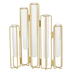 four glass vases in gold metal holders