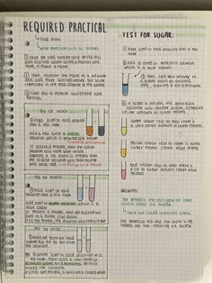 a notebook with some writing on it that has test tubes and flasks in them