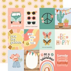 a collage of different greeting cards with animals, flowers, and peace signs on them