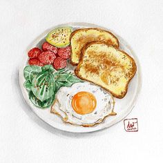 a watercolor painting of toast, fruit and an egg on a plate with spinach leaves