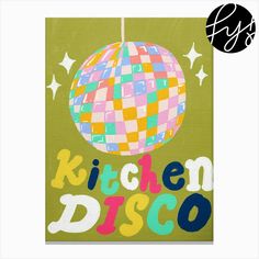 the kitchen disco sign is hanging from a hook in front of a green background with white stars