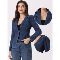 This notched lapel collar adds a stylish and structured element to this denim blazer. This jean jacket features a timeless denim fabric, giving it a classic and versatile look. It elevates the overall look and creates a more tailored and polished appearance. It can be worn over dresses, paired with skirts or pants, or even layered under coats for added warmth. Long Sleeve Jean Jacket, Demin Jacket, Button Long Sleeve, Shipt Shopper, Denim Blazer, Blazer With Jeans, Womens Clothing Sizes, Lapel Collar, Denim Fabric