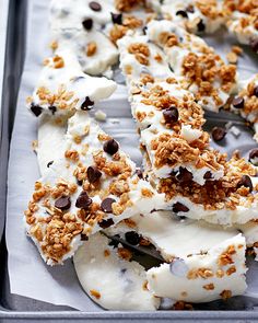 a tray filled with ice cream and chocolate chips