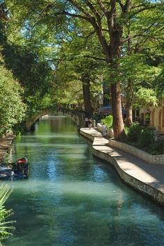 people are sitting on the edge of a small river in a city park with trees lining both sides