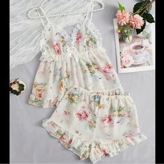 Worn Once - Basically Brand New Sheer Cream/White Set With Floral Designs Lace Trim And Bow On Top Ruffles On Bottoms Super Comfy And Airy Floral Pyjamas, Cute Pj Sets, Pj Ideas, Pajama Sets For Women, Cute Sleepwear, Cute Pajama Sets, Floral Pajamas, Short Pj Set, Cute Pajamas